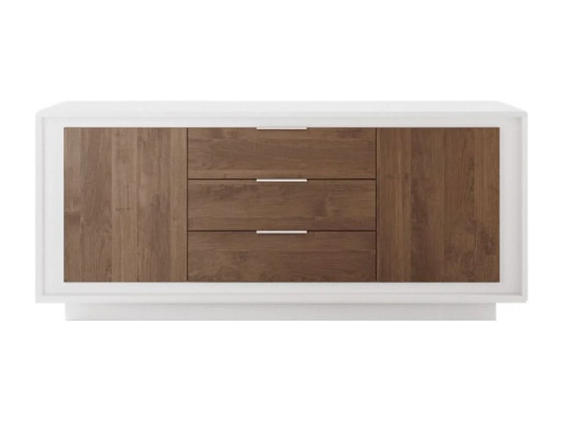 Buffet 2 portes 3 tiroirs blanc laqué façades aspect bois finition Mercure piètement socle - AZONTO