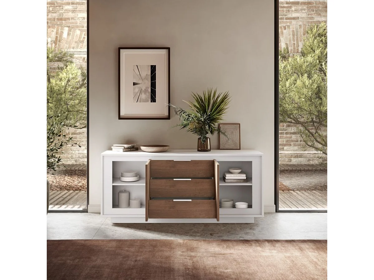 Buffet 2 portes 3 tiroirs blanc laqué façades aspect bois finition Mercure piètement socle - AZONTO
