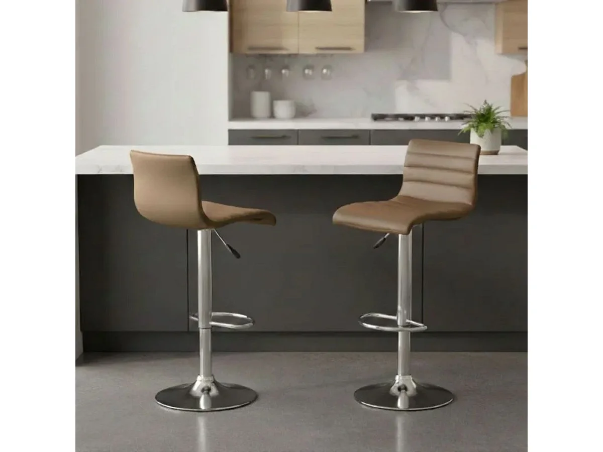 Lot de 2 tabourets de bar simili cuir marron pied chromé - TERRANCE