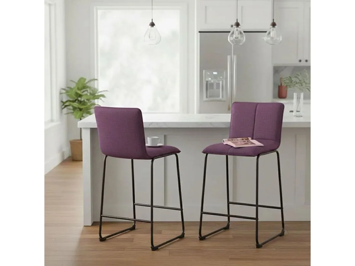 Lot de 2 tabourets de bar assise matelassée et tissu polyester violet piètement métal - ANSON
