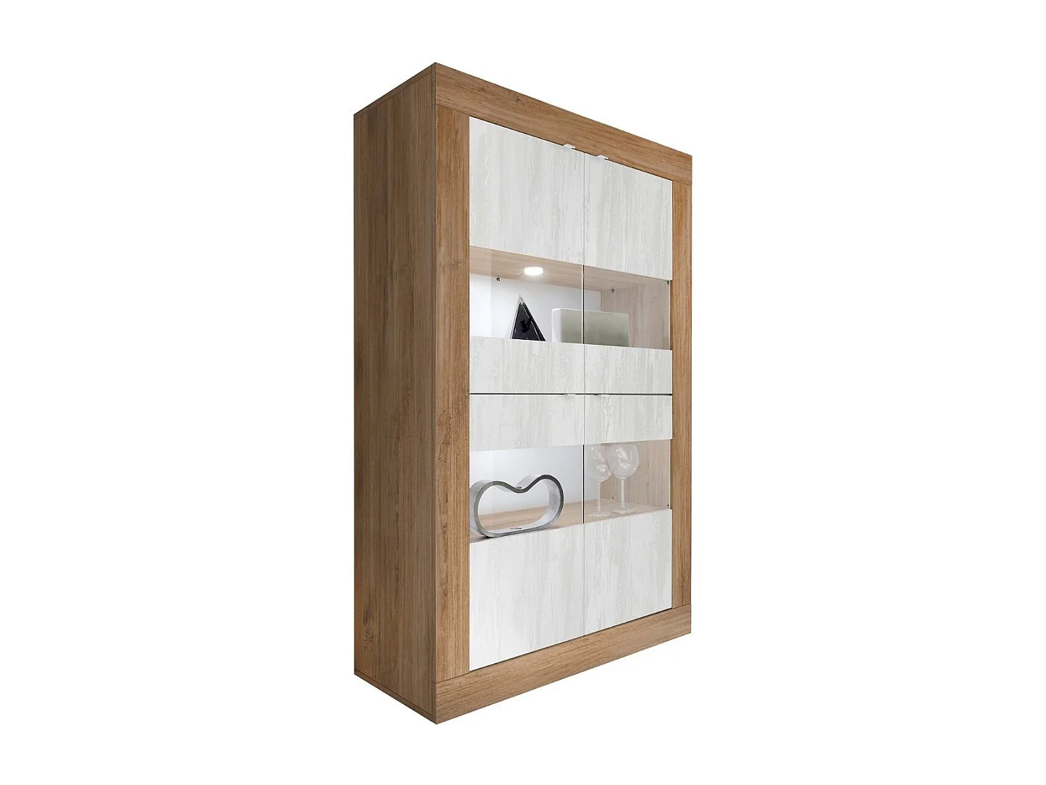 Vitrine 4 portes aspect bois finition Mercure façades blanc texturées et verre avec Leds - OTELLO