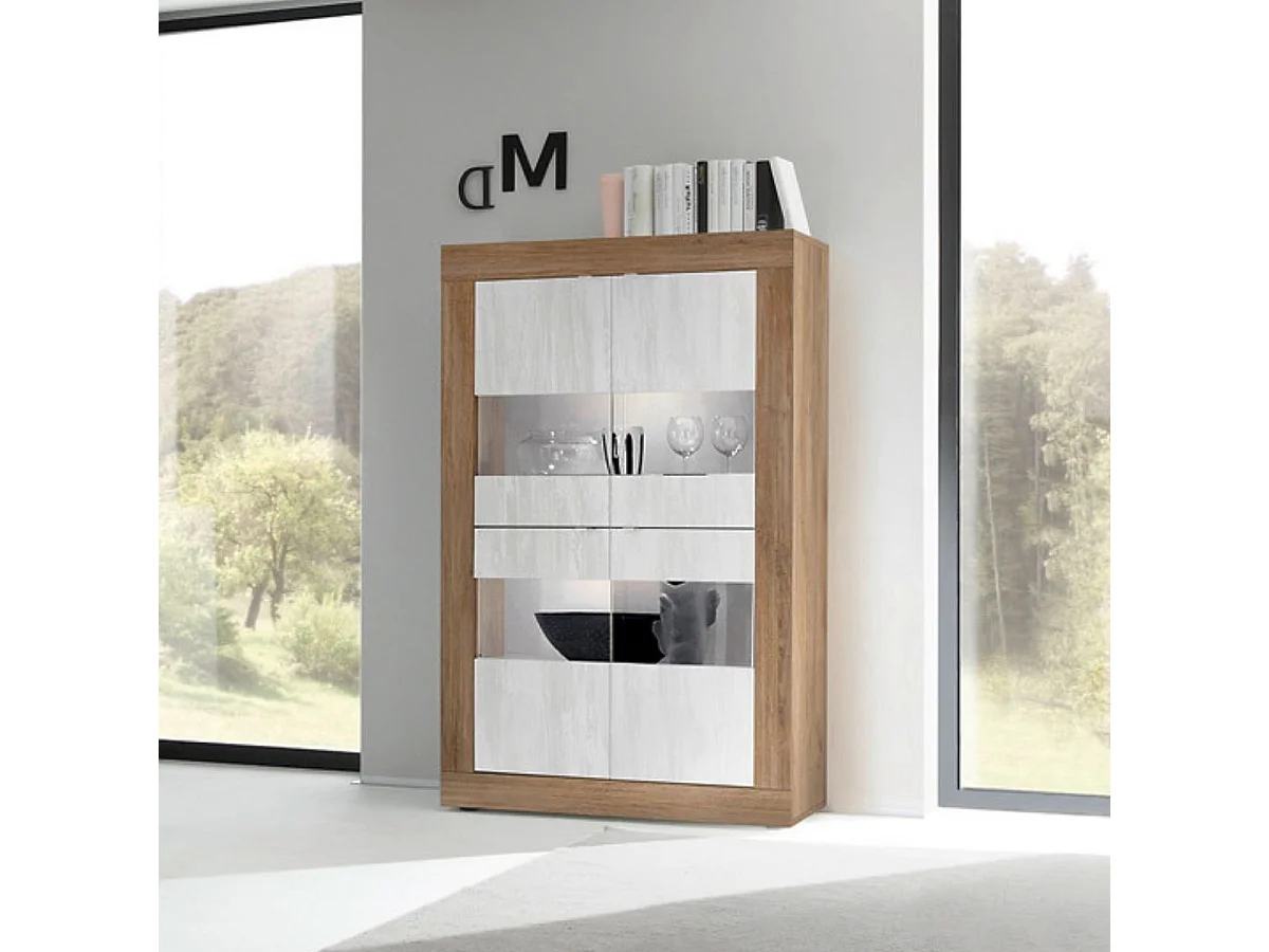 Vitrine 4 portes aspect bois finition Mercure façades blanc texturées et verre avec Leds - OTELLO