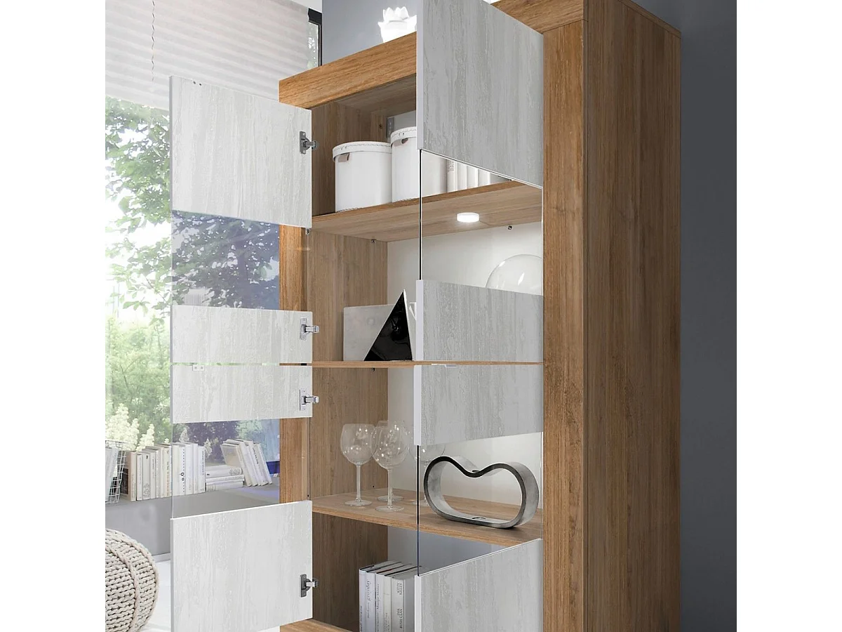 Vitrine 4 portes aspect bois finition Mercure façades blanc texturées et verre avec Leds - OTELLO