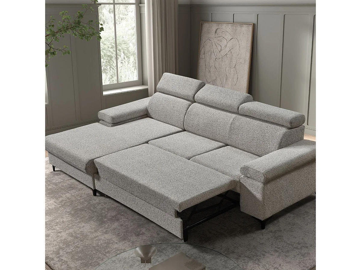 Canapé Méridienne Gauche 3 Places Convertible Tissu chenillé Gris chiné - MARCEAU