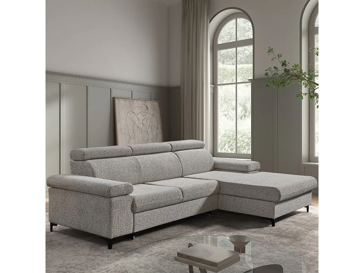 Canapé Méridienne Droite 3 Places Convertible Tissu chenillé Gris chiné - MARCEAU