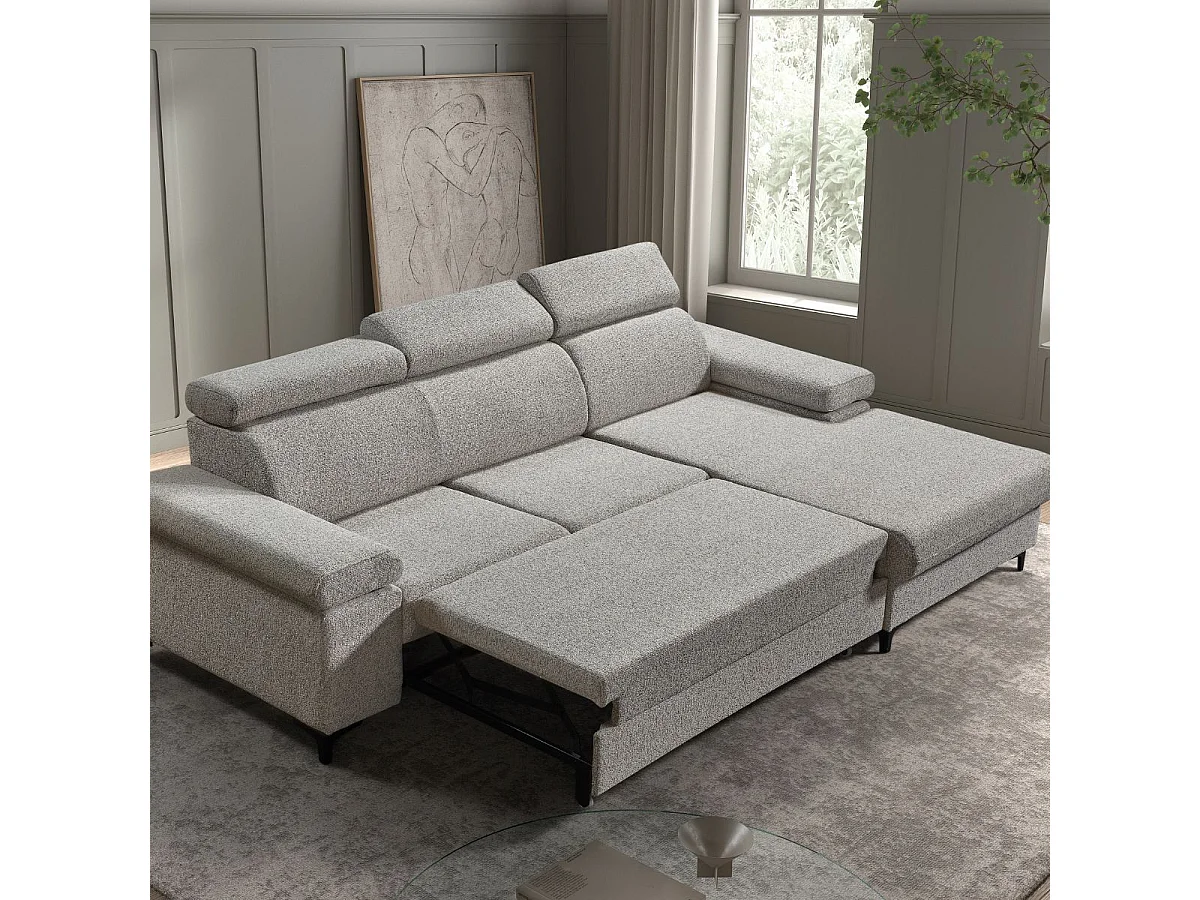 Canapé Méridienne Droite 3 Places Convertible Tissu chenillé Gris chiné - MARCEAU