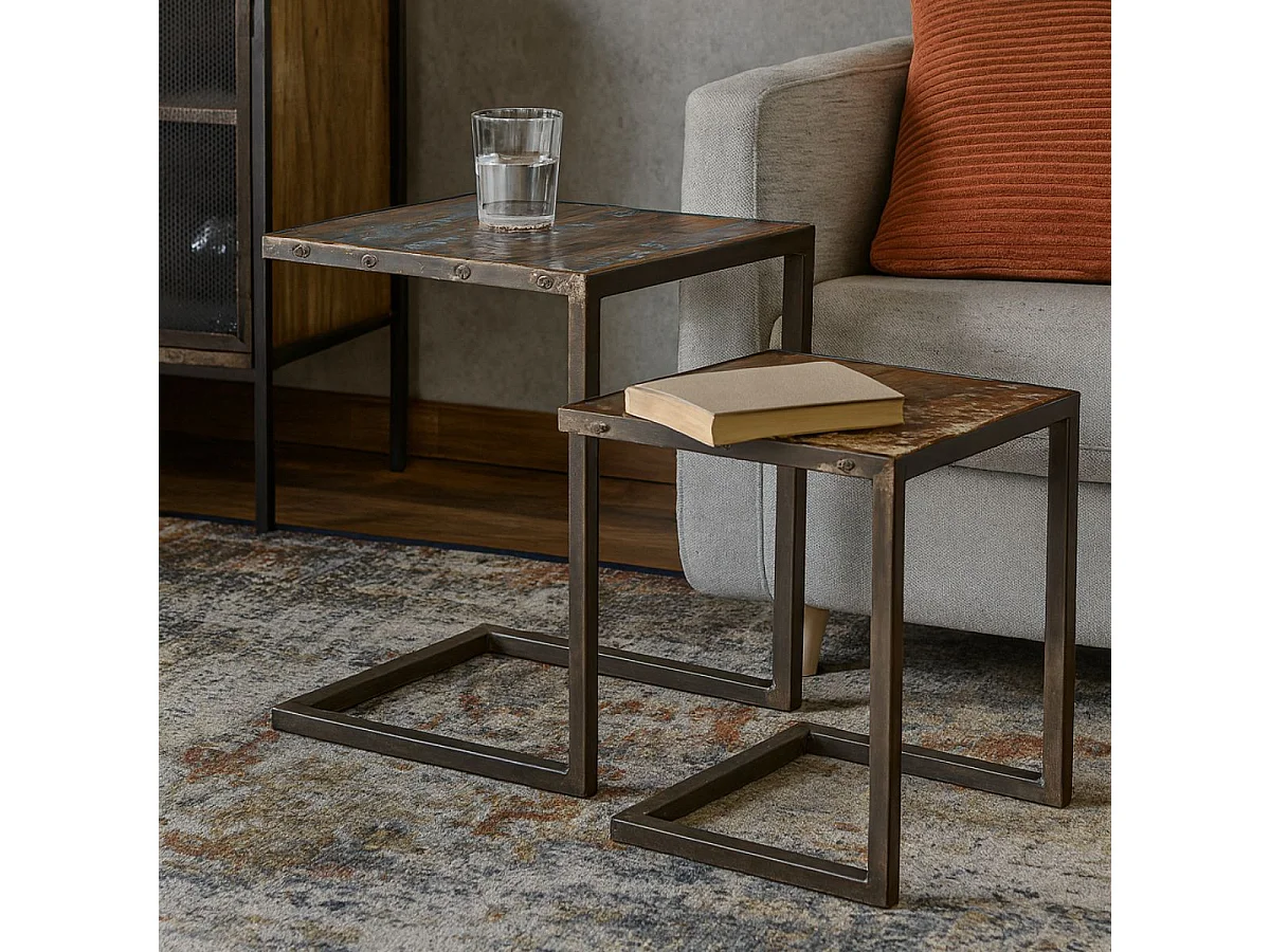 Tables basses gigognes carrées en métal et plateaux bois massif recyclé - EREL