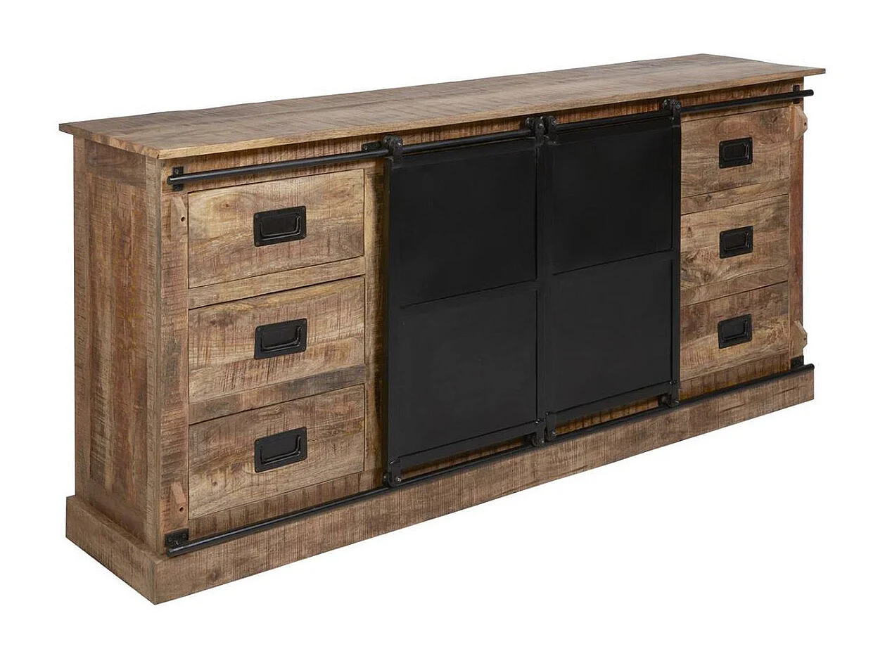 Buffet 2 portes coulissantes et 6 tiroirs Manguier et métal noir - RAJAN