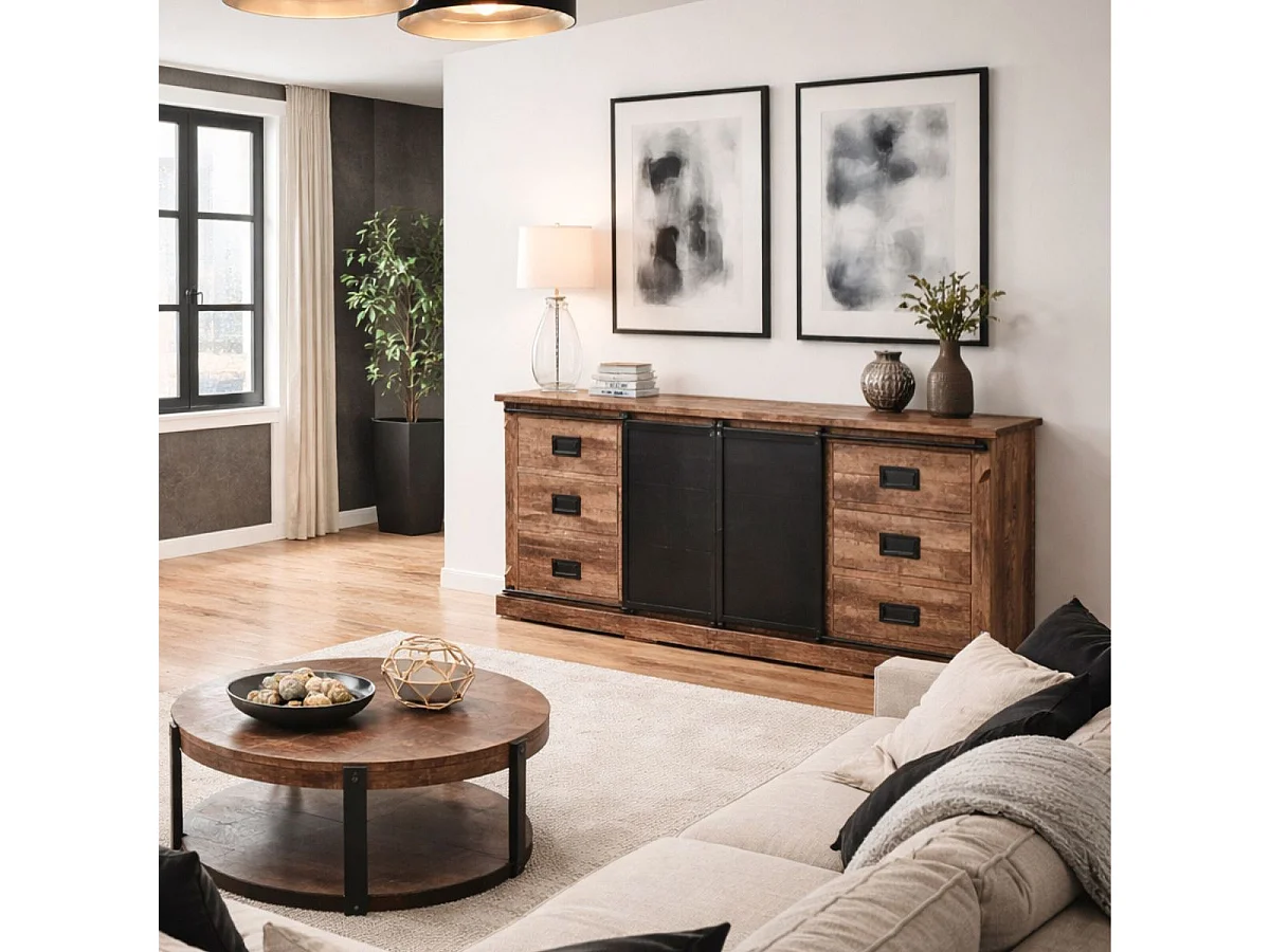 Buffet 2 portes coulissantes et 6 tiroirs Manguier et métal noir - RAJAN