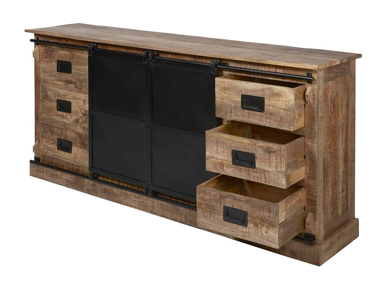 Buffet 2 portes coulissantes et 6 tiroirs Manguier et métal noir - RAJAN