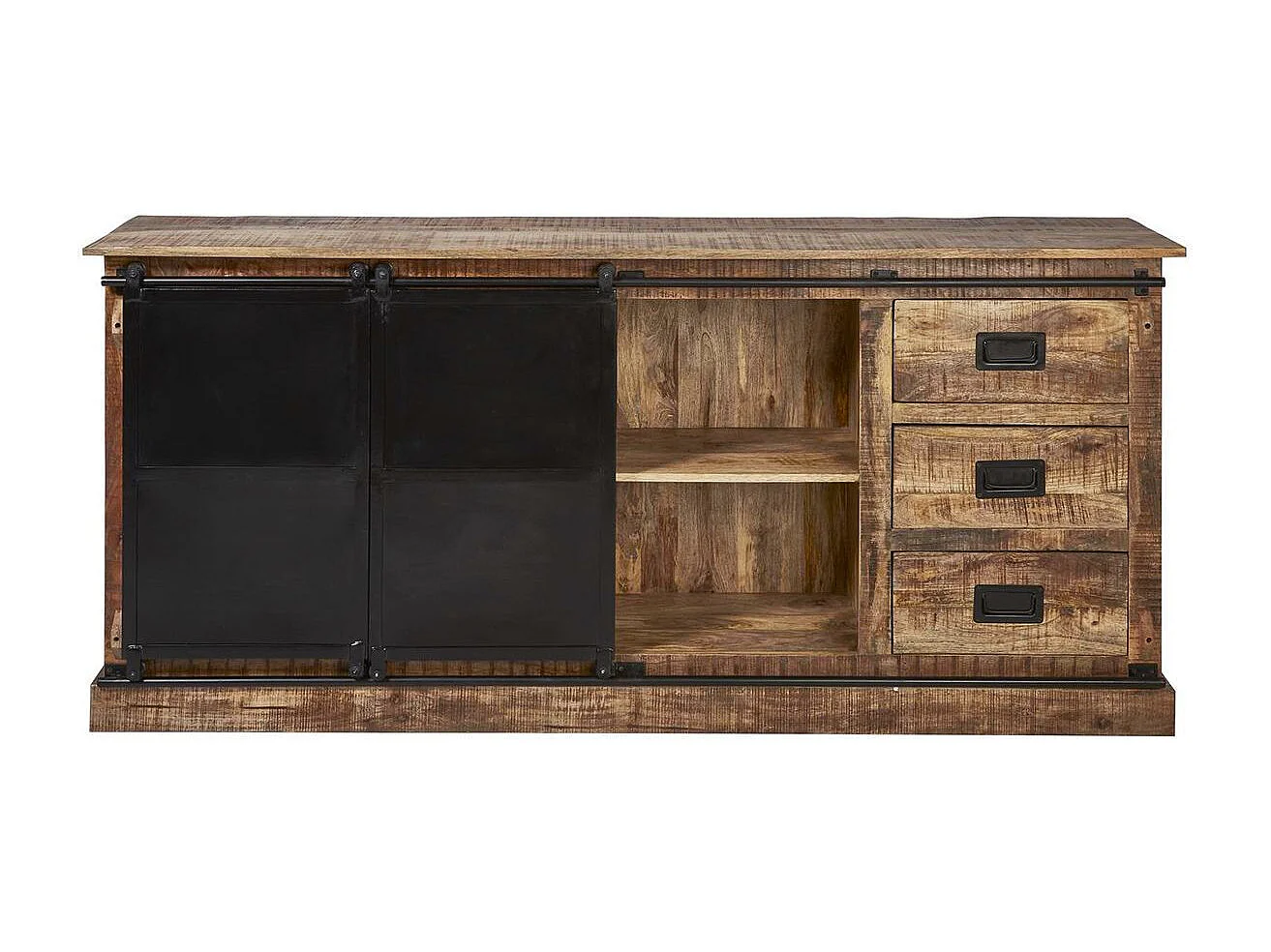 Buffet 2 portes coulissantes et 6 tiroirs Manguier et métal noir - RAJAN