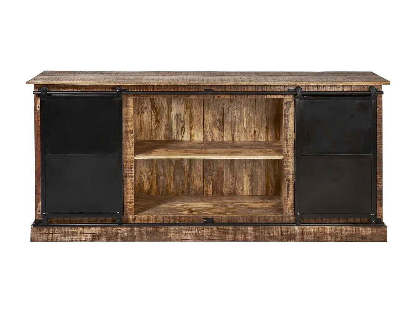 Buffet 2 portes coulissantes et 6 tiroirs Manguier et métal noir - RAJAN