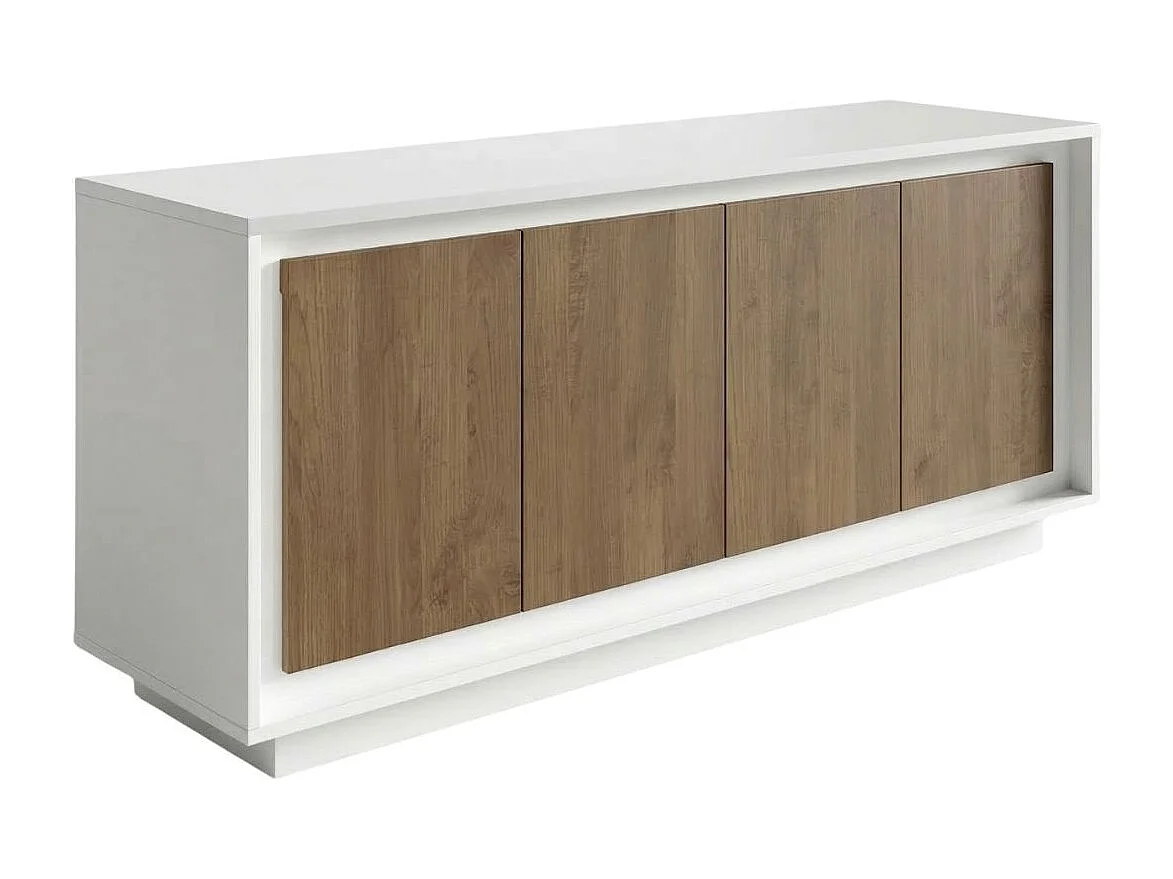Buffet 4 portes blanc laqué façades aspect bois finition Mercure piètement socle - AZONTO