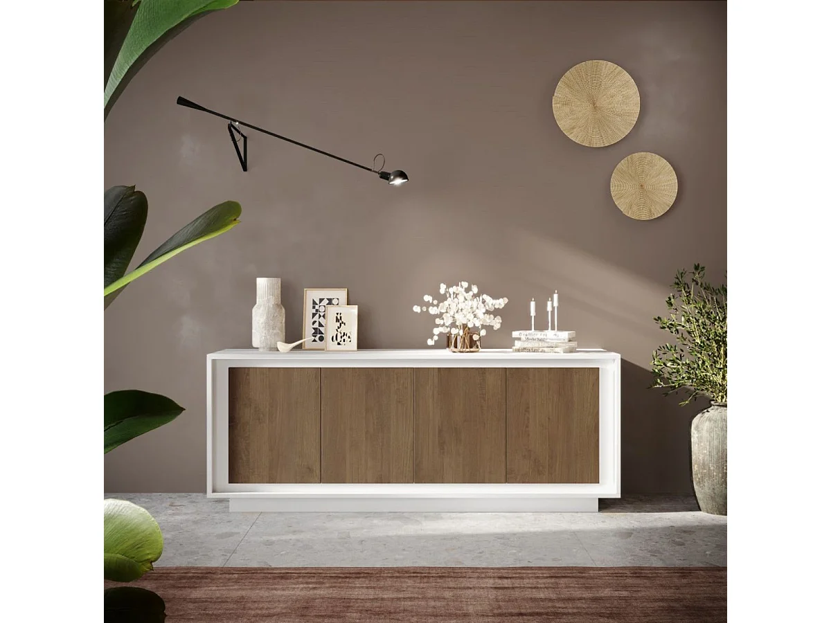 Buffet 4 portes blanc laqué façades aspect bois finition Mercure piètement socle - AZONTO