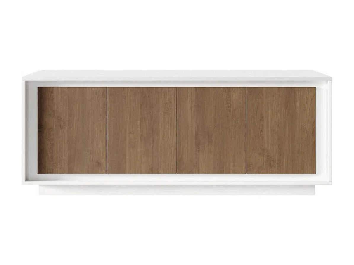 Buffet 4 portes blanc laqué façades aspect bois finition Mercure piètement socle - AZONTO
