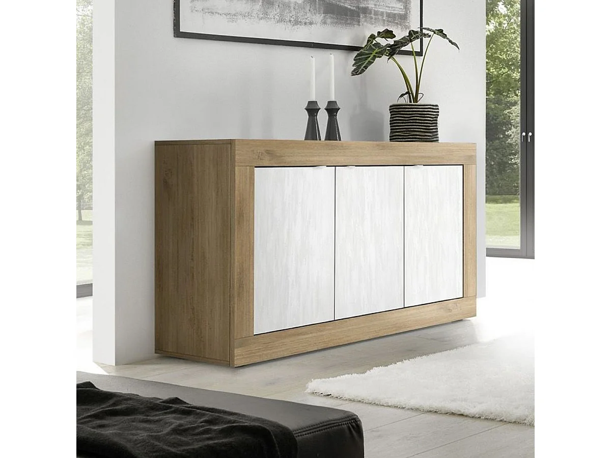 Buffet 3 portes aspect bois finition Mercure façades blanc texturées - OTELLO