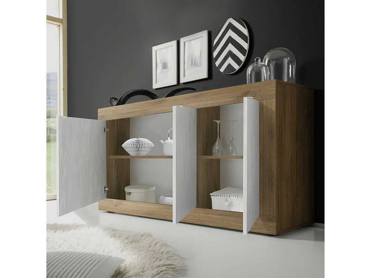 Buffet 3 portes aspect bois finition Mercure façades blanc texturées - OTELLO