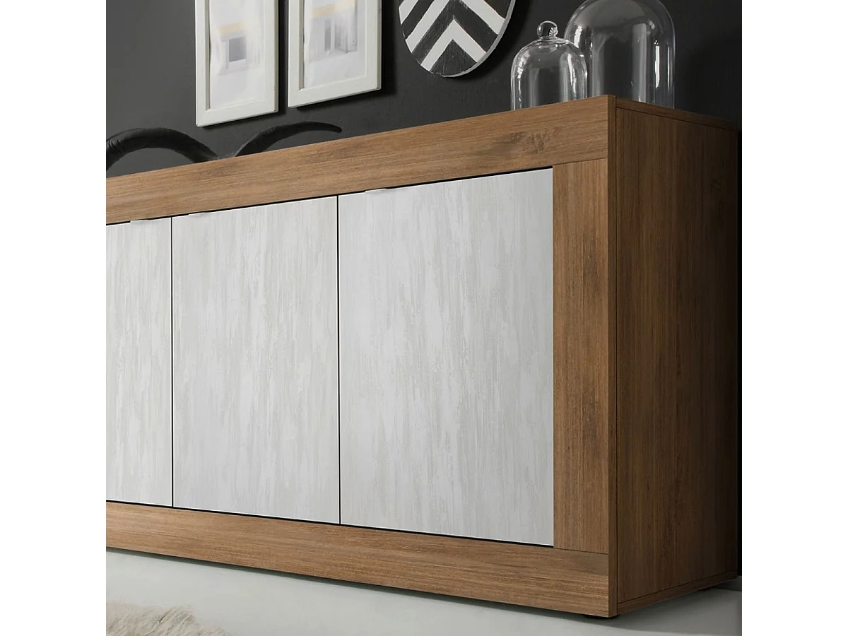 Buffet 3 portes aspect bois finition Mercure façades blanc texturées - OTELLO