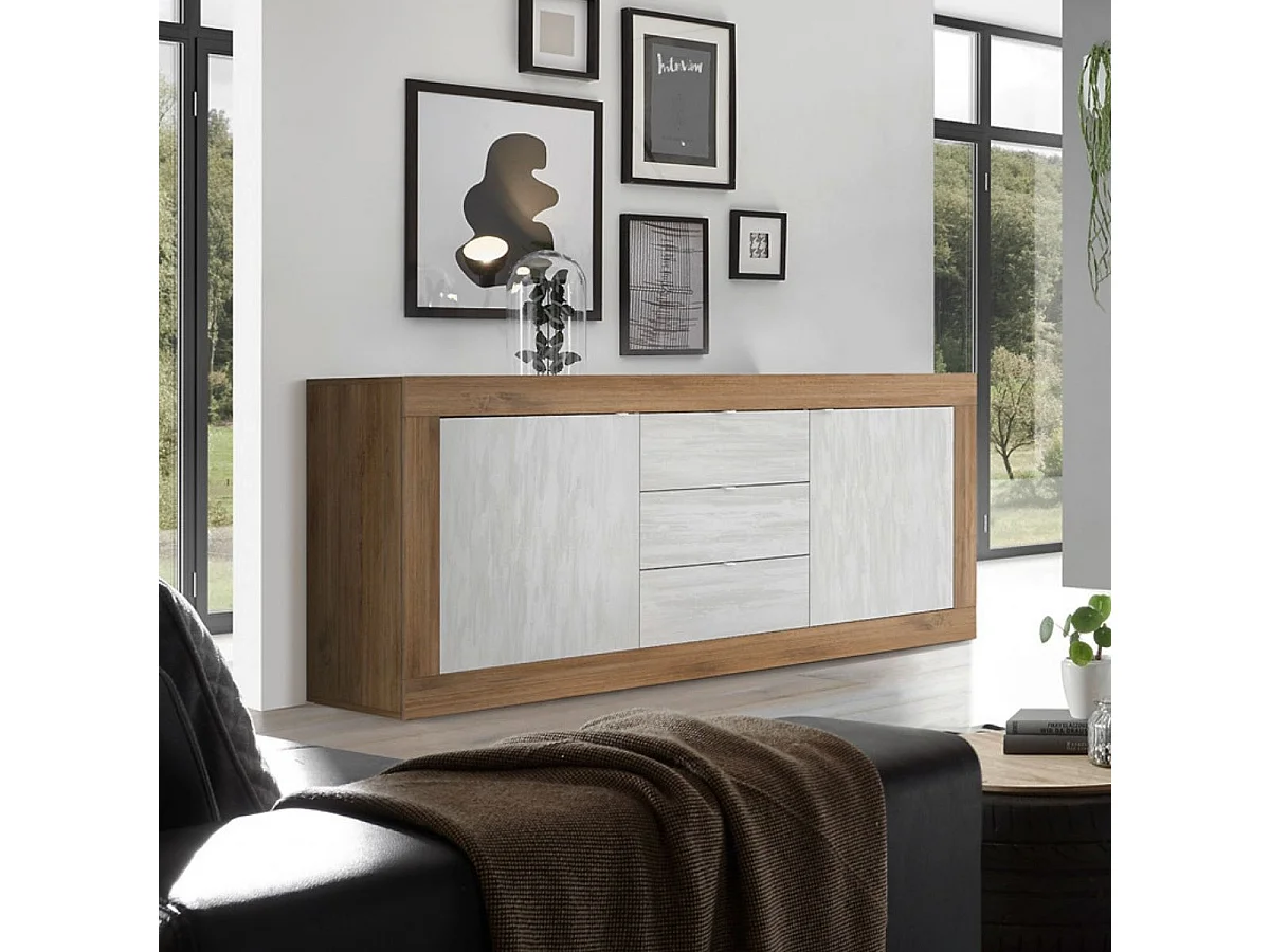 Buffet 2 portes 3 tiroirs aspect bois finition Mercure façades blanc texturées - OTELLO