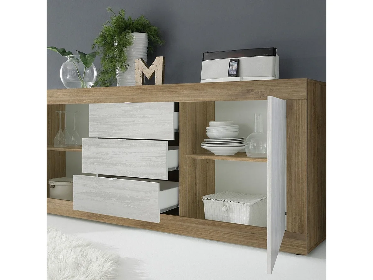 Buffet 2 portes 3 tiroirs aspect bois finition Mercure façades blanc texturées - OTELLO