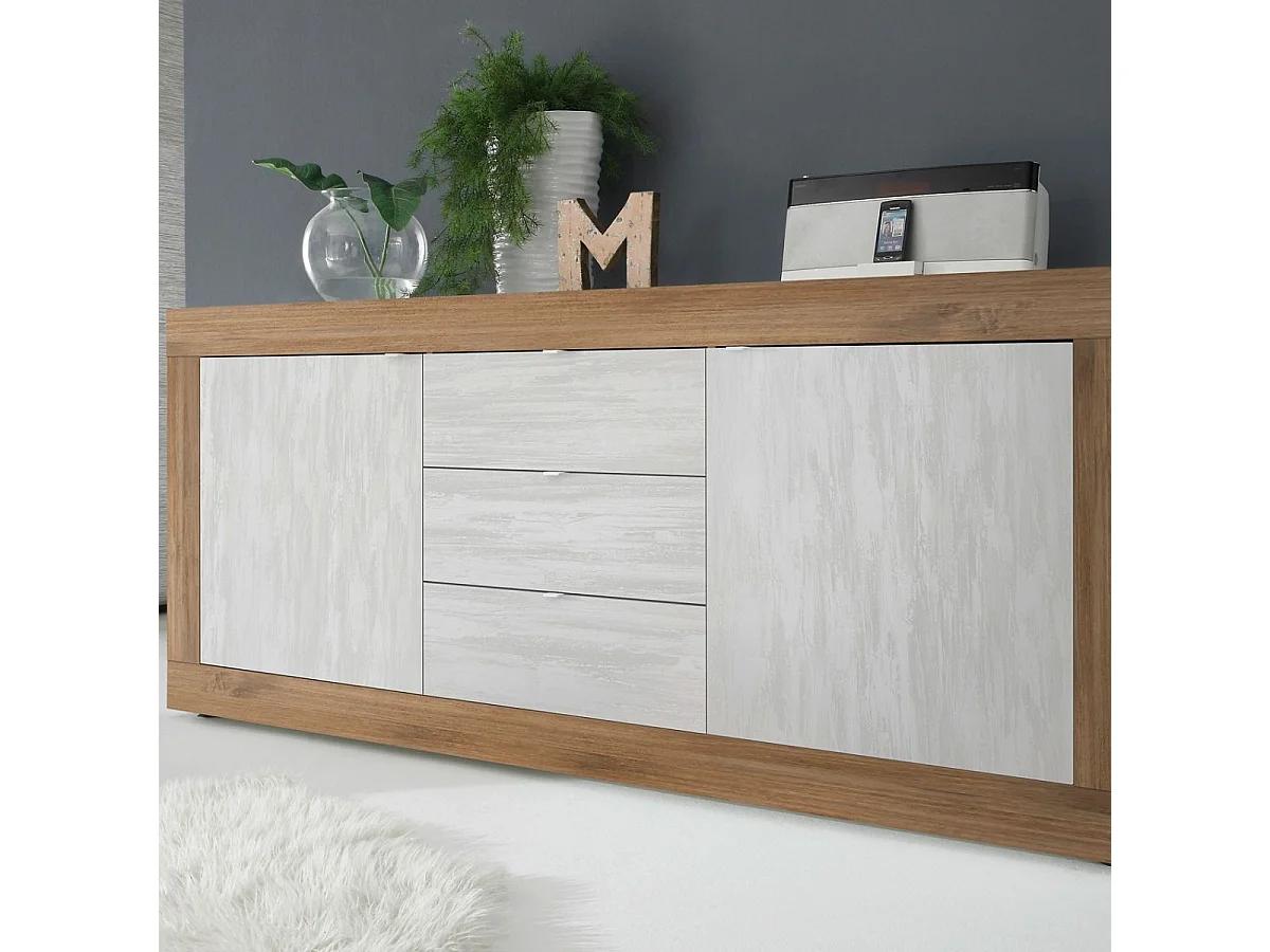 Buffet 2 portes 3 tiroirs aspect bois finition Mercure façades blanc texturées - OTELLO