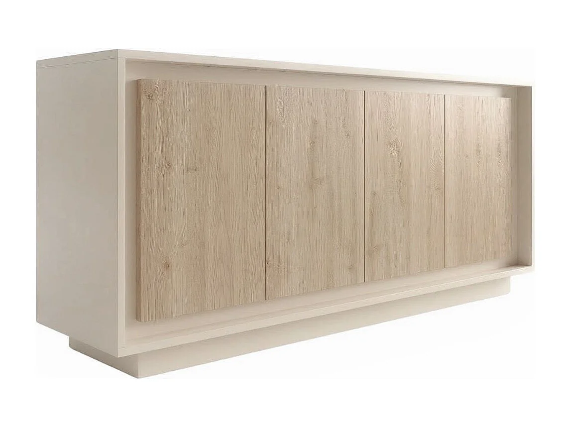 Buffet 4 portes beige poudré façades aspect bois finition Cadiz piètement socle - AZONTO