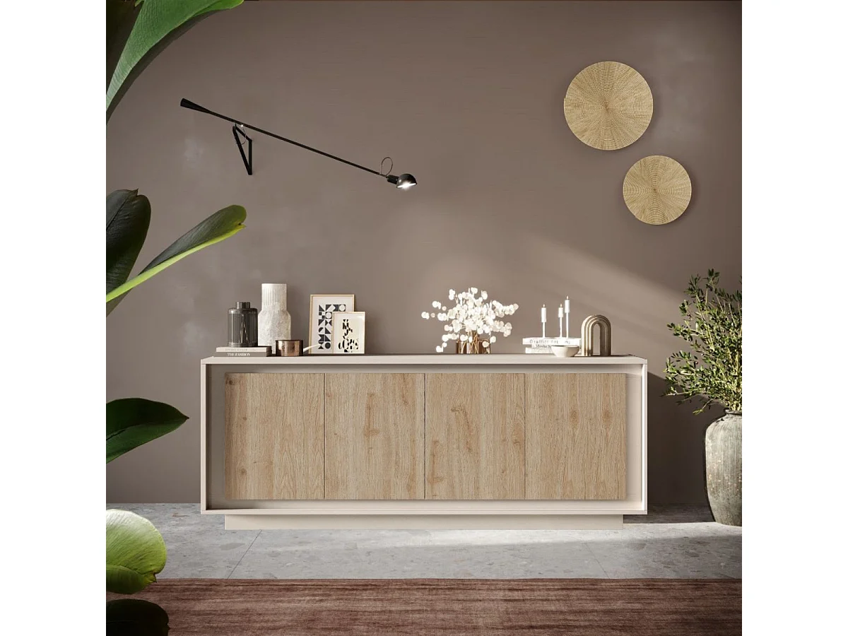 Buffet 4 portes beige poudré façades aspect bois finition Cadiz piètement socle - AZONTO