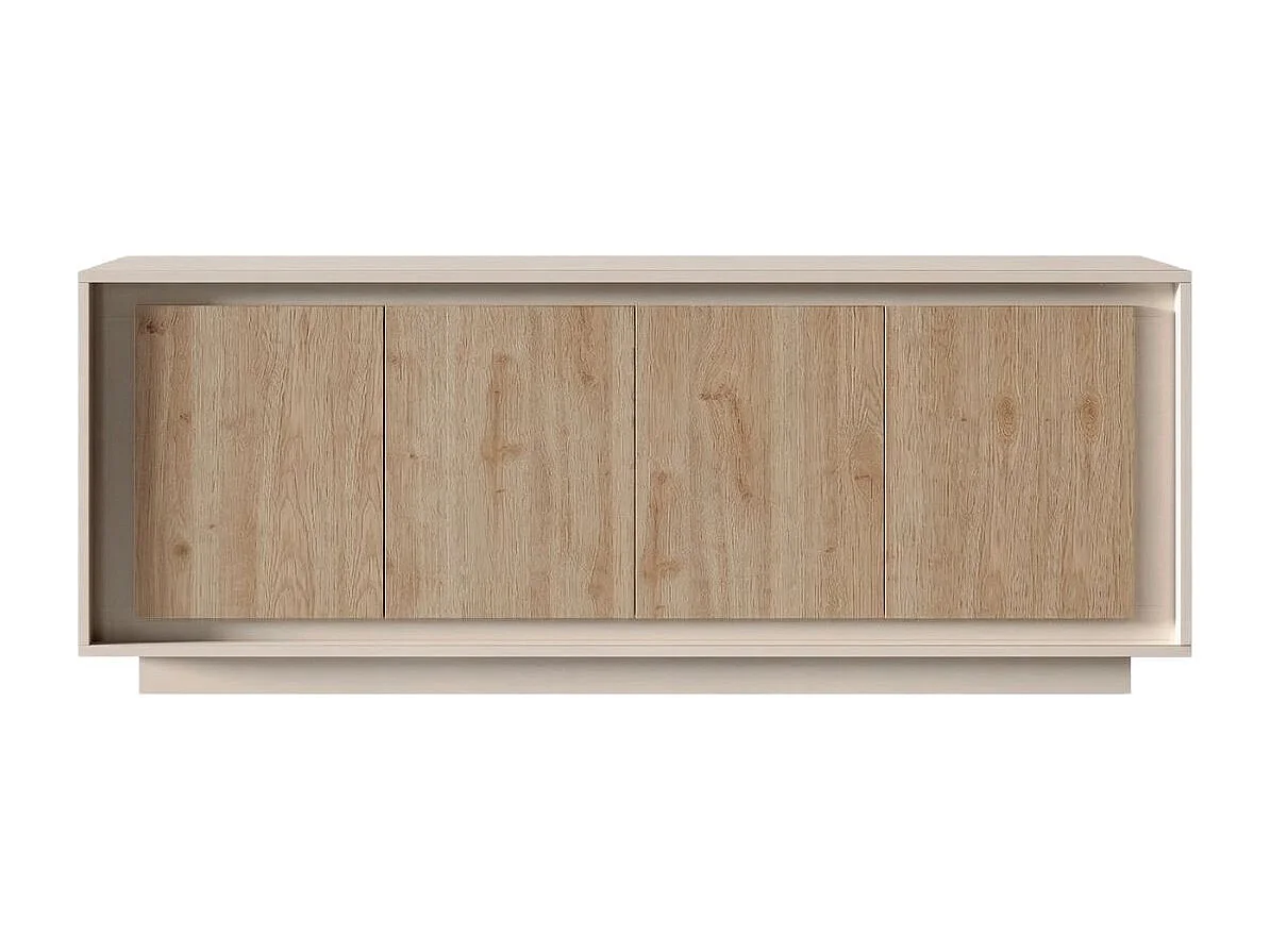 Buffet 4 portes beige poudré façades aspect bois finition Cadiz piètement socle - AZONTO