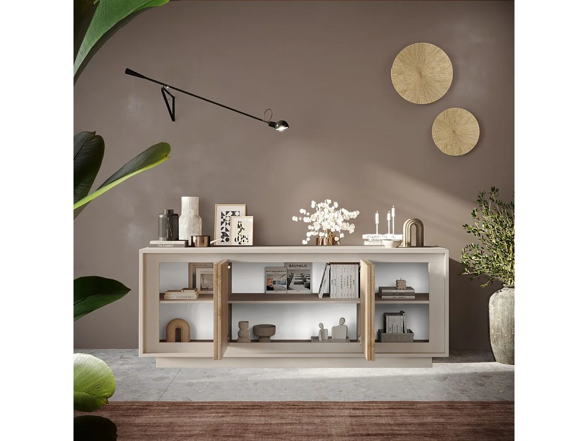 Buffet 4 portes beige poudré façades aspect bois finition Cadiz piètement socle - AZONTO