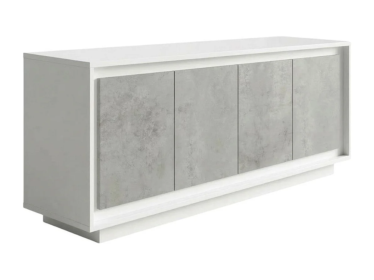 Buffet 4 portes blanc laqué façades aspect ciment piètement socle - AZONTO