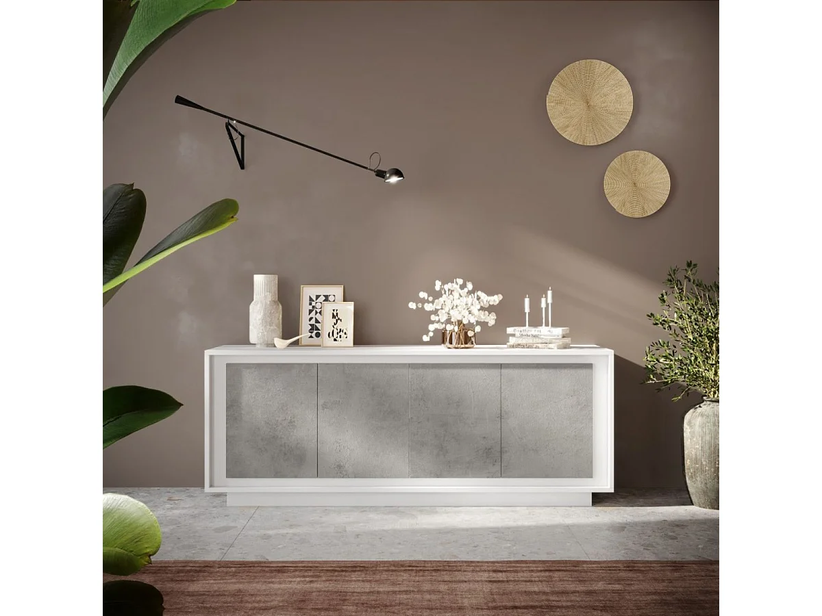 Buffet 4 portes blanc laqué façades aspect ciment piètement socle - AZONTO