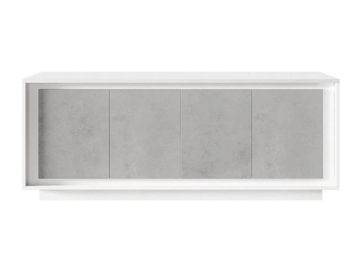 Buffet 4 portes blanc laqué façades aspect ciment piètement socle - AZONTO