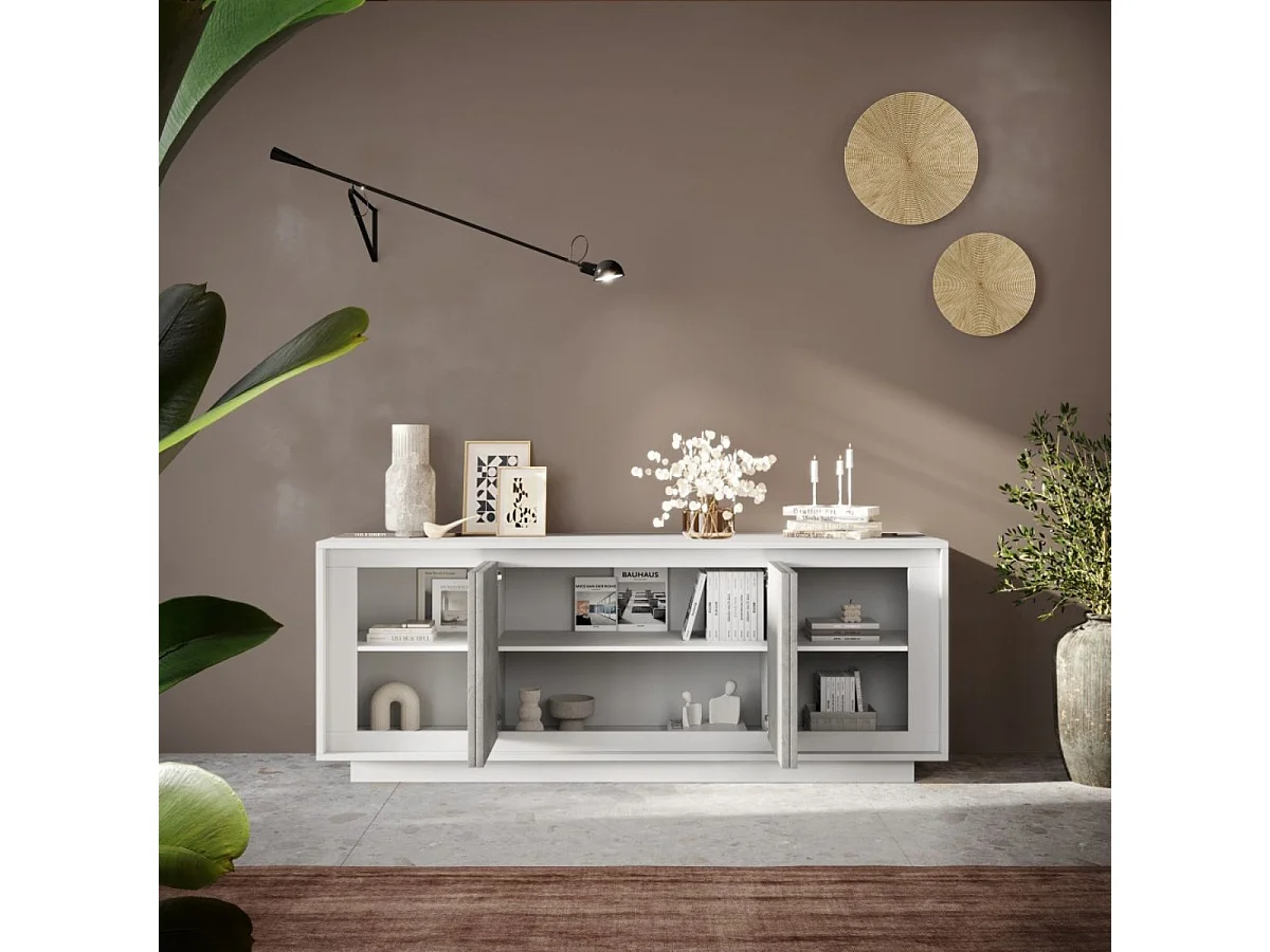 Buffet 4 portes blanc laqué façades aspect ciment piètement socle - AZONTO