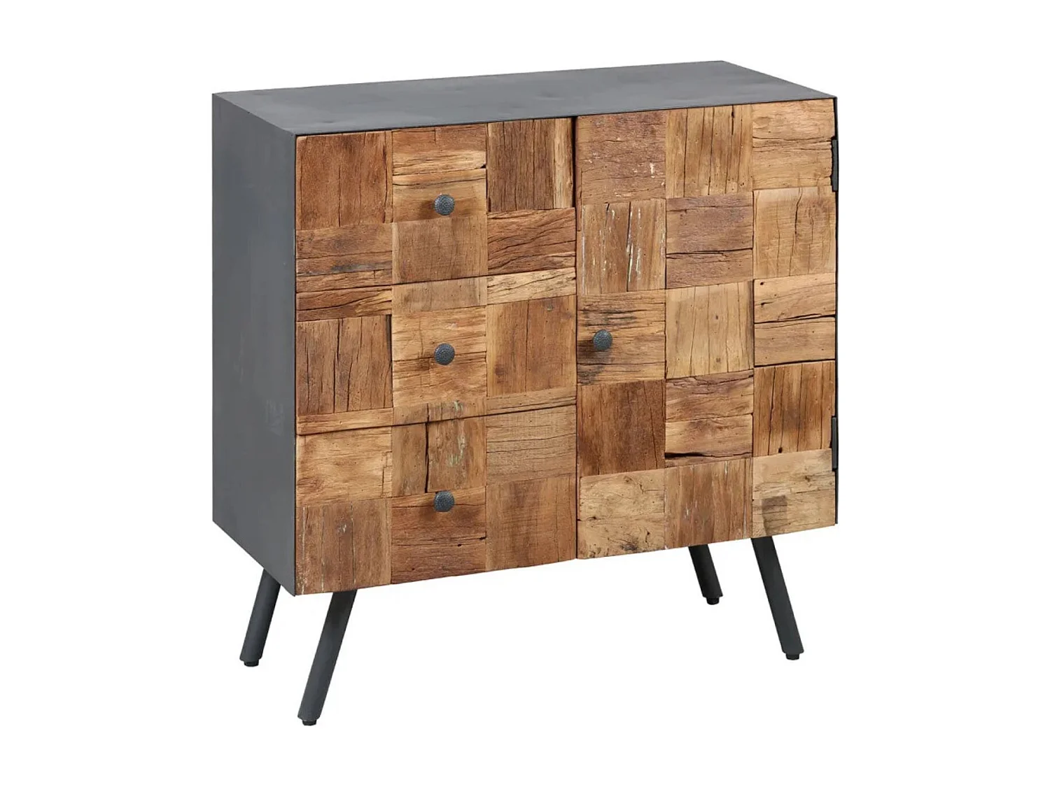 Meuble d'entrée 1 porte 3 tiroirs en acier gris mat et façades en bois massif - FULBERT