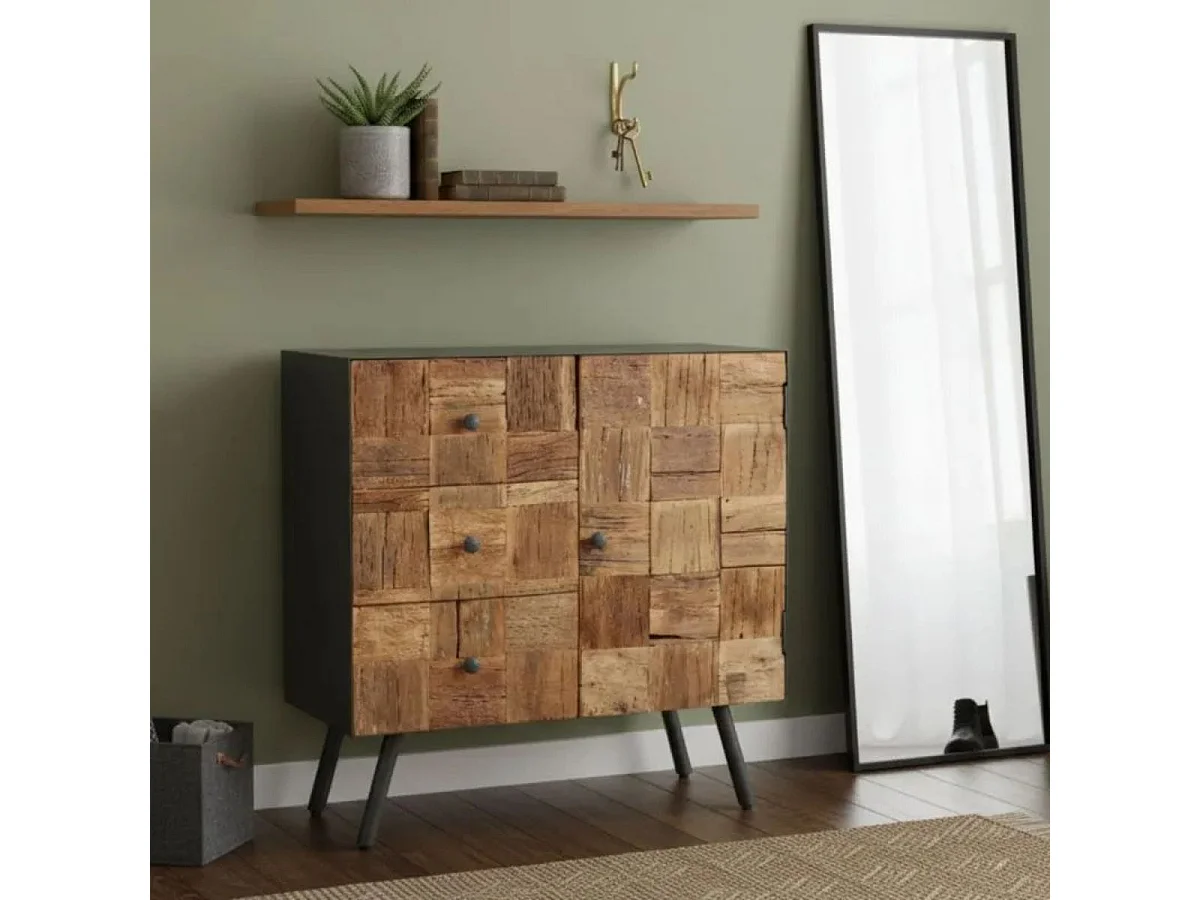 Meuble d'entrée 1 porte 3 tiroirs en acier gris mat et façades en bois massif - FULBERT