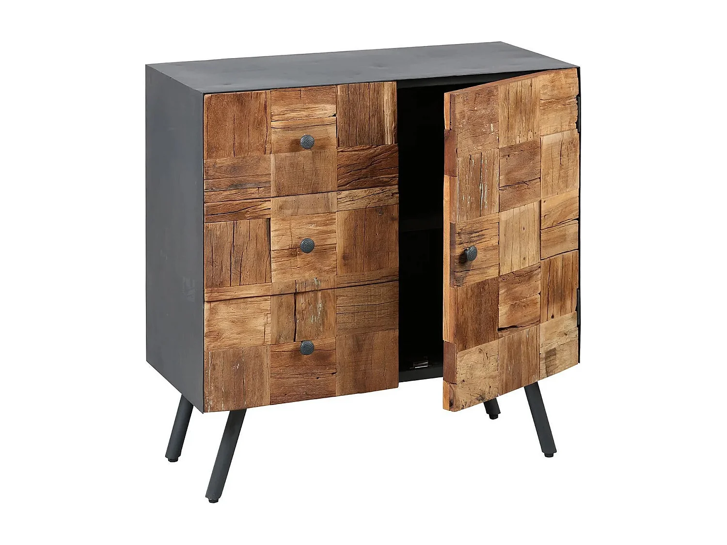 Meuble d'entrée 1 porte 3 tiroirs en acier gris mat et façades en bois massif - FULBERT