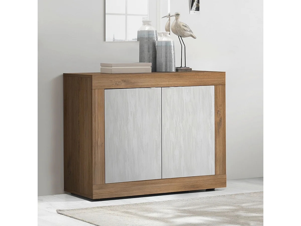 Buffet 2 portes aspect bois finition Mercure façades blanc texturées - OTELLO