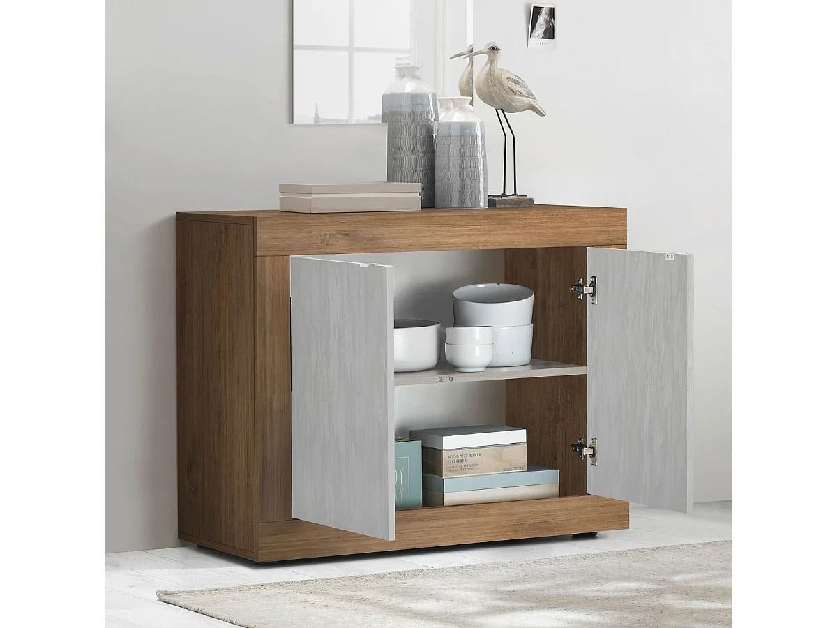 Buffet 2 portes aspect bois finition Mercure façades blanc texturées - OTELLO