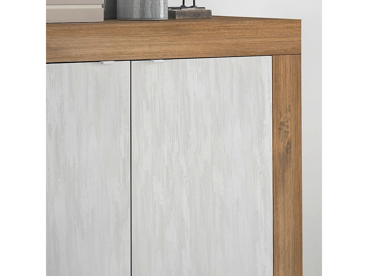 Buffet 2 portes aspect bois finition Mercure façades blanc texturées - OTELLO