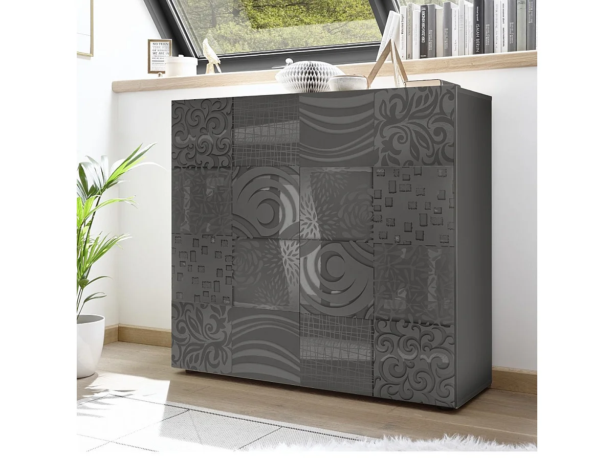 Rangement 2 portes anthracite laqué sérigraphies multi-motifs - JUAN