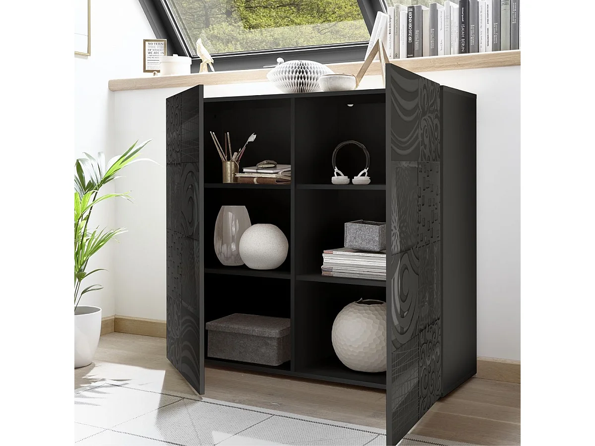 Rangement 2 portes anthracite laqué sérigraphies multi-motifs - JUAN