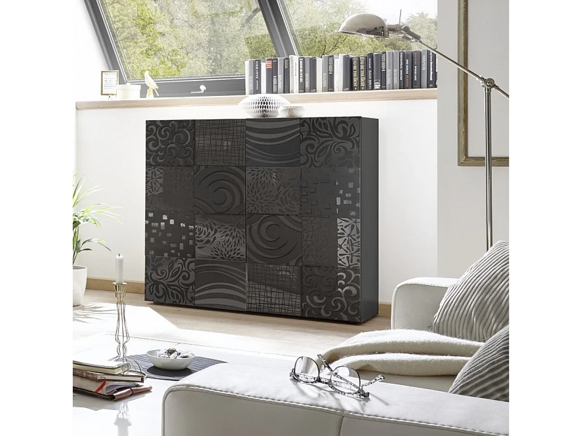 Rangement 2 portes anthracite laqué sérigraphies multi-motifs - JUAN