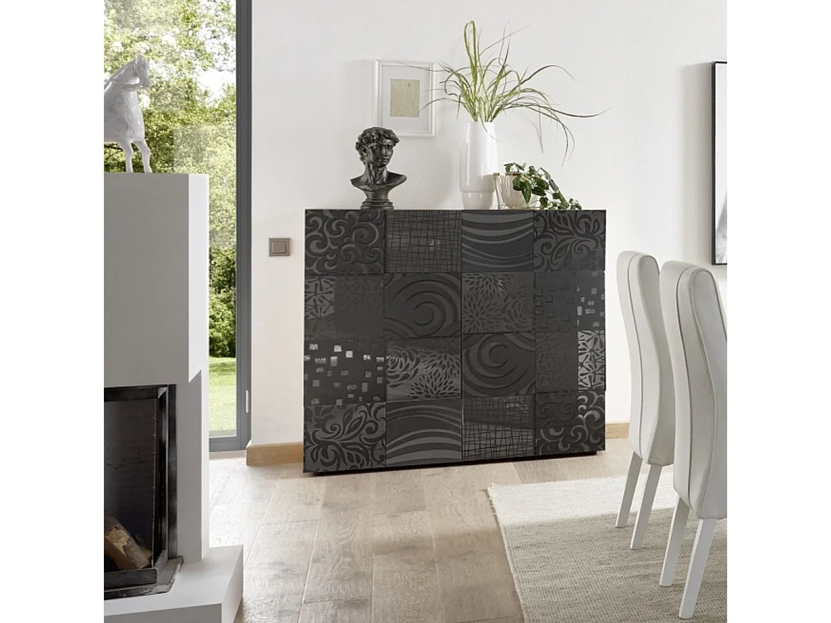 Rangement 2 portes anthracite laqué sérigraphies multi-motifs - JUAN