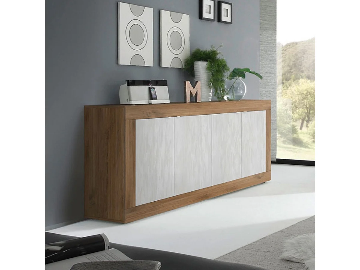 Buffet 4 portes aspect bois finition Mercure façades blanc texturées - OTELLO