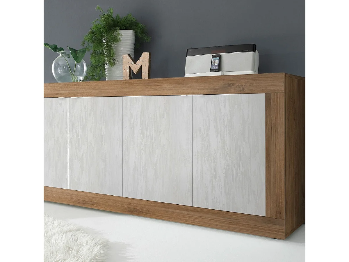 Buffet 4 portes aspect bois finition Mercure façades blanc texturées - OTELLO