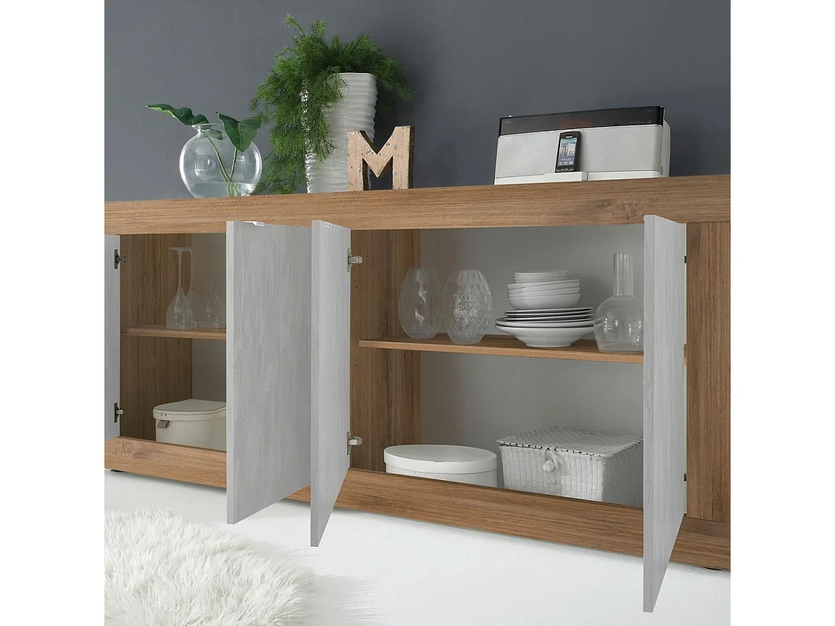 Buffet 4 portes aspect bois finition Mercure façades blanc texturées - OTELLO