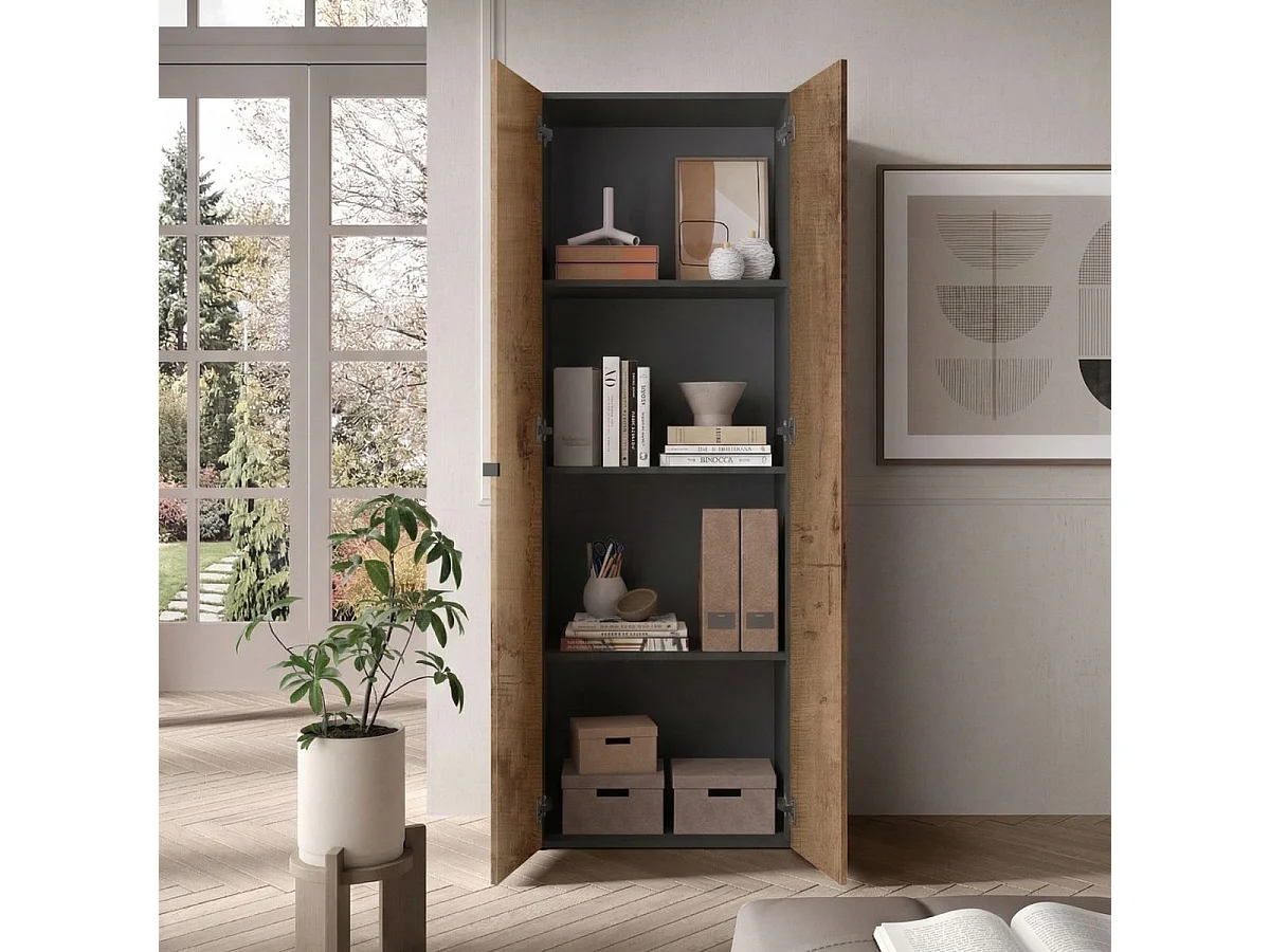 Rangement armoire 2 portes noir graphite et aspect bois antique - SYNERGIE