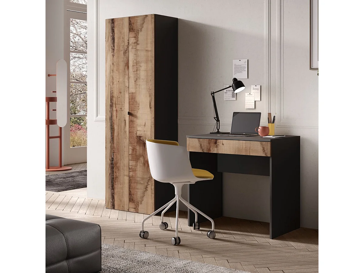Rangement armoire 2 portes noir graphite et aspect bois antique - SYNERGIE