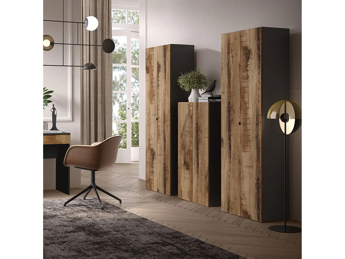 Rangement armoire 2 portes noir graphite et aspect bois antique - SYNERGIE