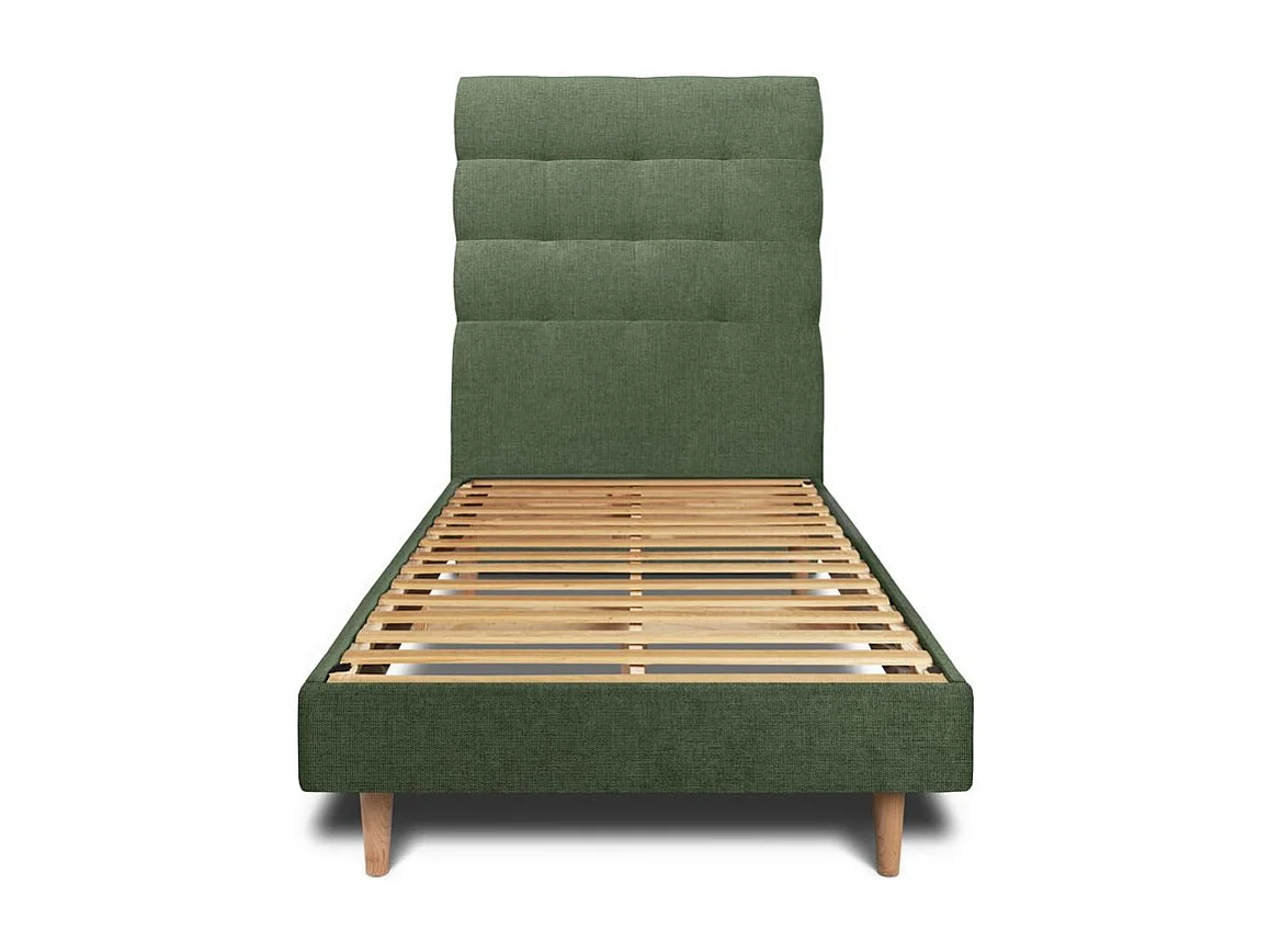Lit 90x200cm avec tête de lit capitonnée tissu et sommier kit vert - Hauteur totale : 29cm